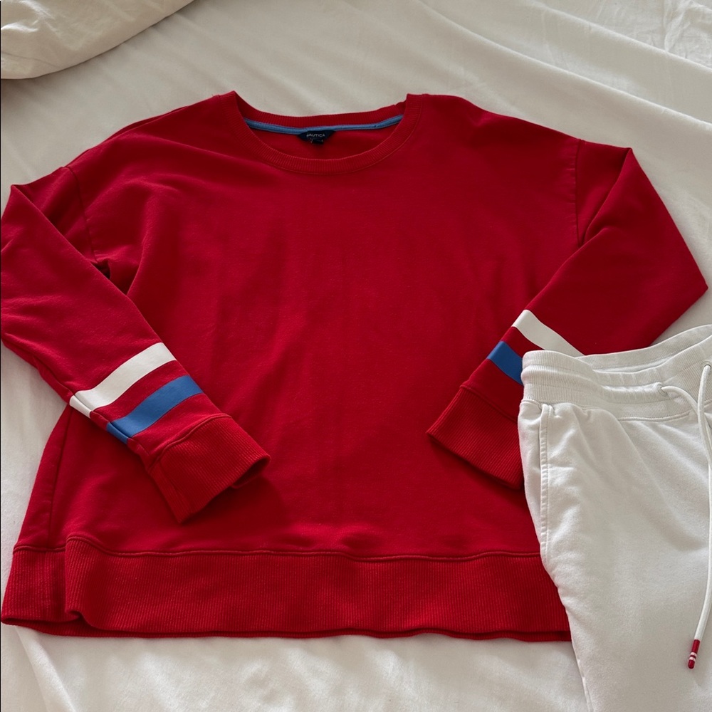 Nautica Red Sweatshirt with Blue Ribbed Trim and White Trousers size S